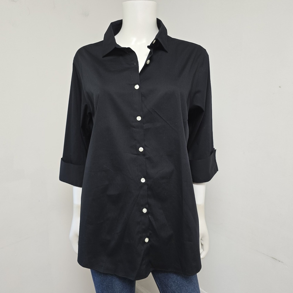 Lands End Wrinkle Free Broadcloth Shirt Size 14 Womens Black Button Up 3/4 Slv